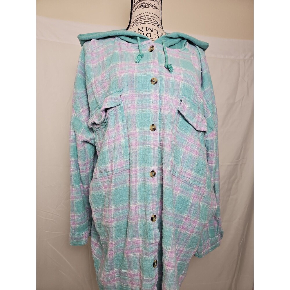 SO Women's 3X Plaid Hooded Button Up Shirt Pink Green Drawstring Flannel